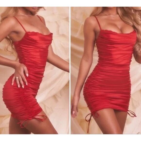 Oh Polly Ruched Satin Mini Bodycon Dress Red 2 - Picture 1 of 11